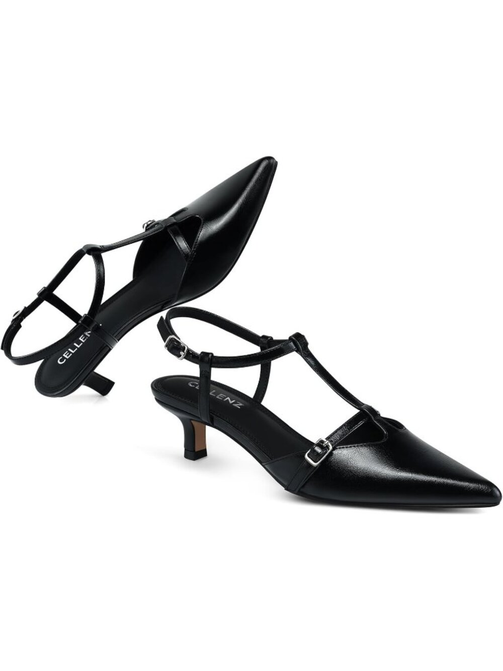 Women's Low Heel Pumps 2 Inch Kitten Heels Ankle Black Pu Strappy Slingback Pump - Picture 5 of 5